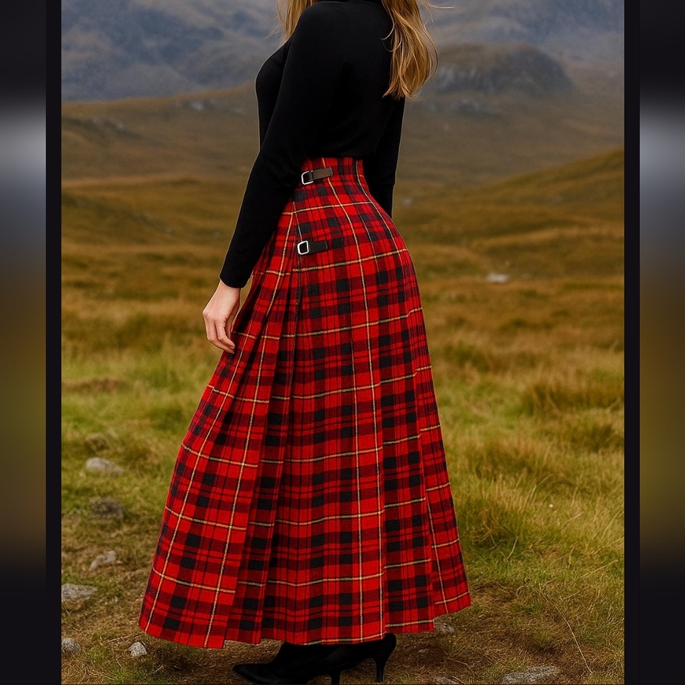 Red Tartan Pure Wool Vintage Plaid Full Length Skirt